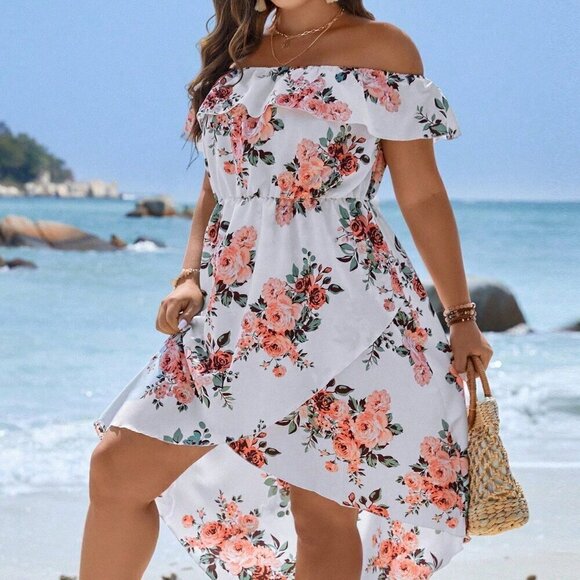 White Boho Women's Plus Size Floral Print Off Shoulder Wrap Hem Dress - Picture 1 of 4